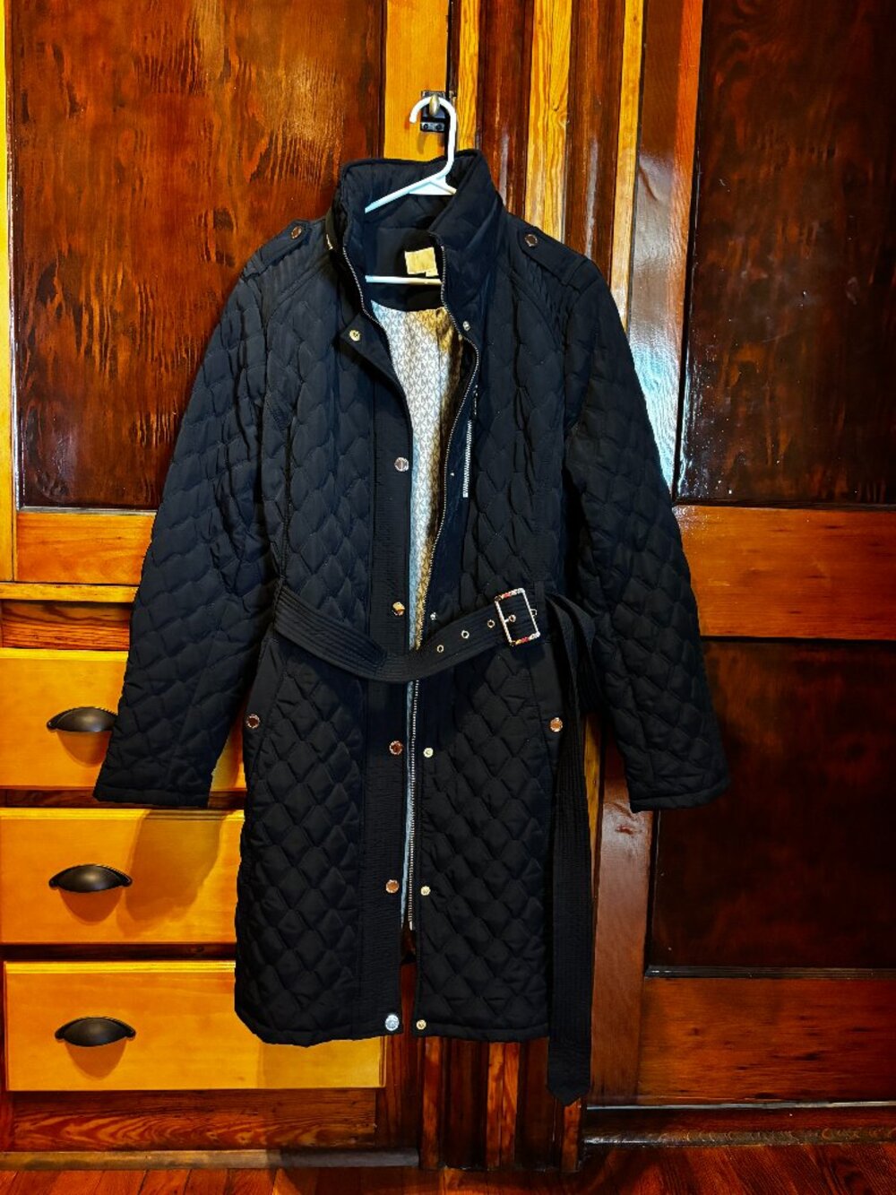 MICHAEL Michael Kors Black Belted Long Quilt Jacket Size XL